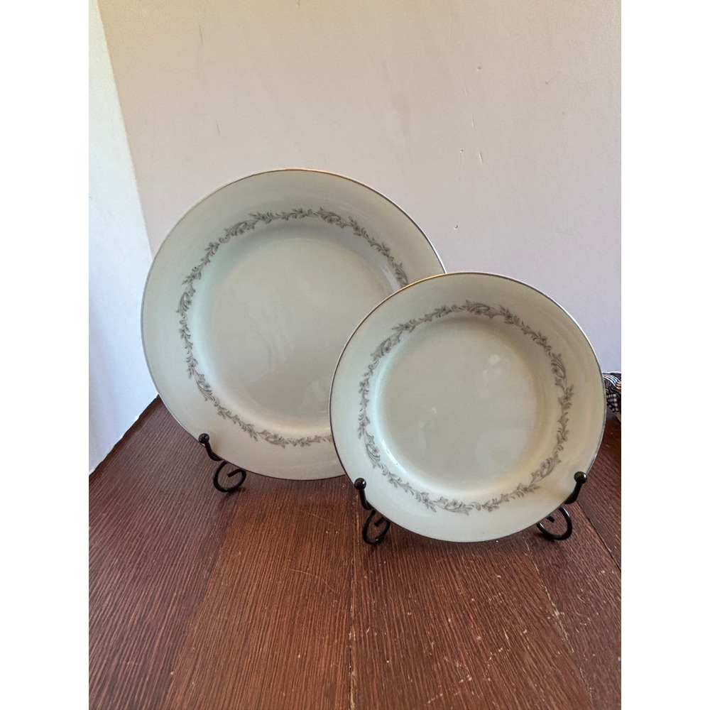 Noritake China Crestmont 6013 Dinner and Bread Plate Set Gray Leaf Japan Vintage